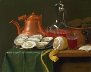 Stillleben mit Austern, einer Zitrone, einer Karaffe mit Wein und einem Kupferkrug